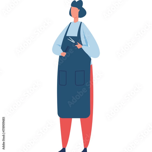 Obraz Flat vector illustration of a person in a blue apron holding scissors and a comb on a white background representing a barber or hairdresser profession