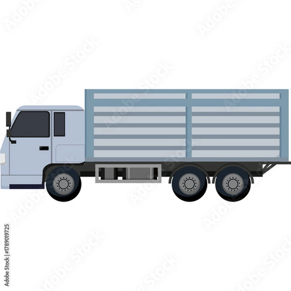 Obraz Flatbed Truck With Blue Sides and White Cab Driving on a Road During Daytime in a Flat Design Style