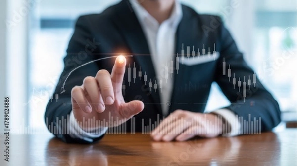 Obraz Businessman using interactive digital interface to analyze stock market graph