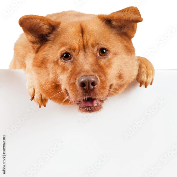 Obraz Happy ginger dog peeking over a blank banner with copy space (transparent)