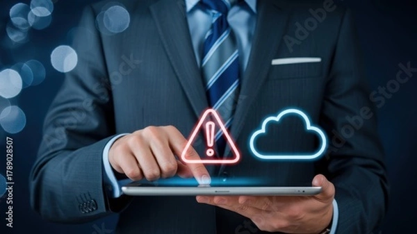 Obraz A person is using a digital tablet, with a cloud and warning symbol superimposed on it.