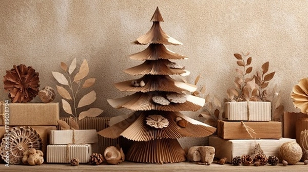 Obraz Rustic Handcrafted Paper Christmas Tree with Natural Gift Boxes