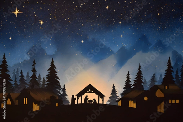 Fototapeta Peaceful Christmas night illustration displaying the Nativity scene under starry sky. Religious concept.