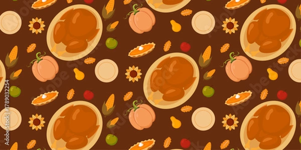 Fototapeta Thanksgiving Seamless Pattern – Roasted Turkey, Pumpkin Pie, Autumn Leaves and Harvest Elements on Dark Background for Seasonal Design