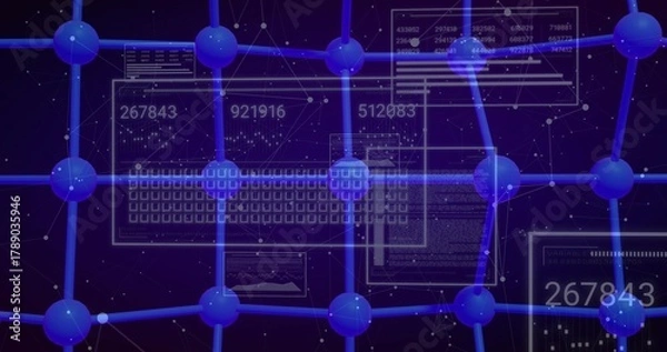 Fototapeta Showing blue lattice of shiny nodes linking lit rods in digital space, with panels showing numbers