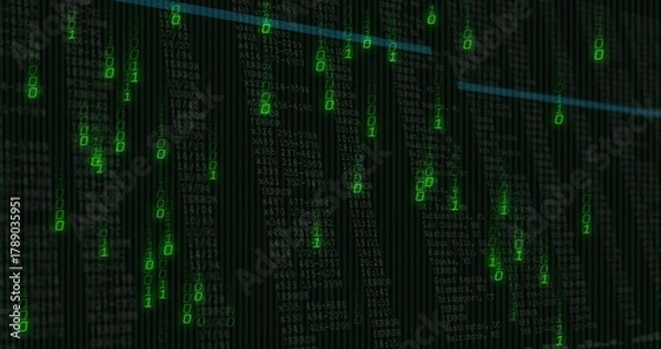 Obraz Cascading vertical green binary digits streaming down terminal with grey code columns and cyan line