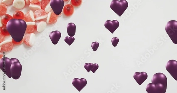 Obraz Floating purple 3D hearts drifting over white backdrop with red and white sugared gummies