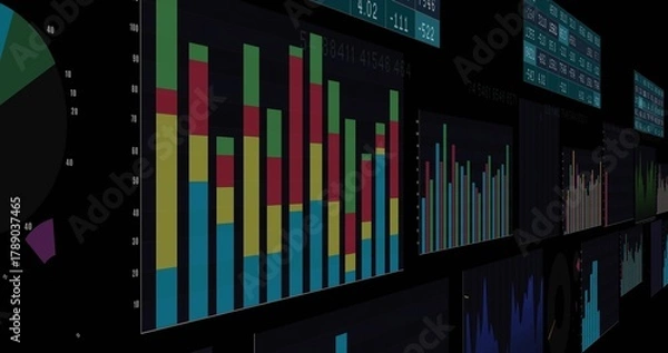 Obraz Displaying large stacked bar chart panel on analytics wall, showing partial pie and smaller charts