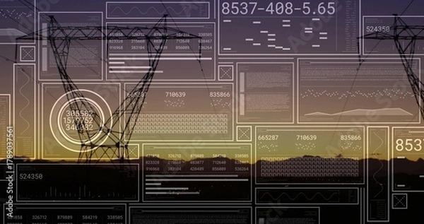 Obraz Silhouetted lattice pylon standing left in power corridor, with lines and UI overlays, copy space