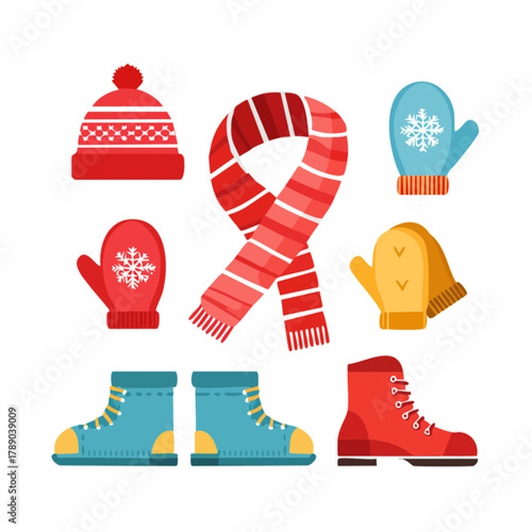 Obraz A collection of colorful winter clothing accessories including a hat, scarf, mittens, and boots, isolated on a white background.