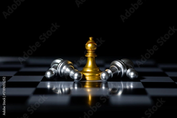 Fototapeta Golden chess knight with fallen silver pieces on chessboard and stock market chart background, symbolizing business strategy and financial investment.