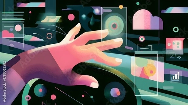 Obraz Human hand interacting with futuristic interfaces displays and holograms, presented with a colorful and digital illustration that creates the feeling of working with advanced technology inside a dark