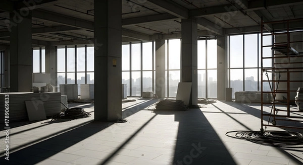 Obraz Capture the essence of urban progress with this raw, sun-drenched construction site, ideal for showcasing resilience and the promise of future growth.