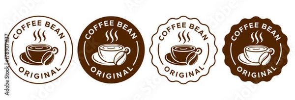 Fototapeta Coffee shop logo. Retro badge coffee bean and leaf branch with mountain natural icon line stamp logo vector design in vintage hipster modern style, premium coffee shop bar brand symbol icon.