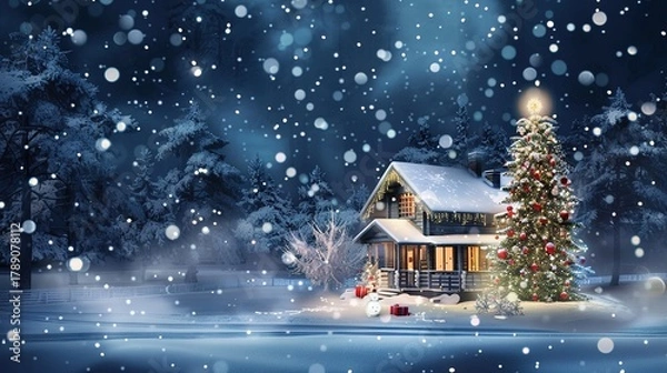 Fototapeta Christmas_house_with_snow_falling_at_night