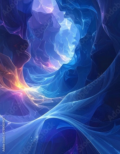 Fototapeta Abstract swirling blue and white formation with a hint of gold and purple light