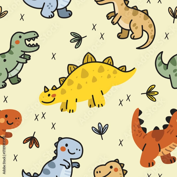 Obraz Dinosaurs cartoon doodle seamless pattern   