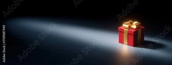 Fototapeta Elegant red gift box with golden ribbon bow on dark gradient background. Christmas present packaging with dramatic lighting and luxury design.