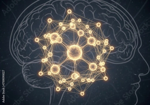 Fototapeta Abstract digital visualization of a complex glowing neural network and human brain.