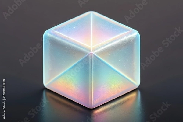 Fototapeta Iridescent geometric cube reflecting rainbow colors isolated on white background