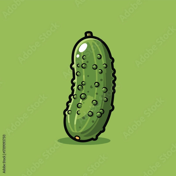 Fototapeta A cartoon illustration of a vibrant green pickle with a bumpy texture standing upright on a solid green background.