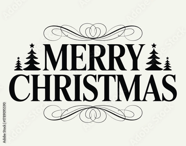 Fototapeta Elegant Merry Christmas Text with Festive Trees and Swirls