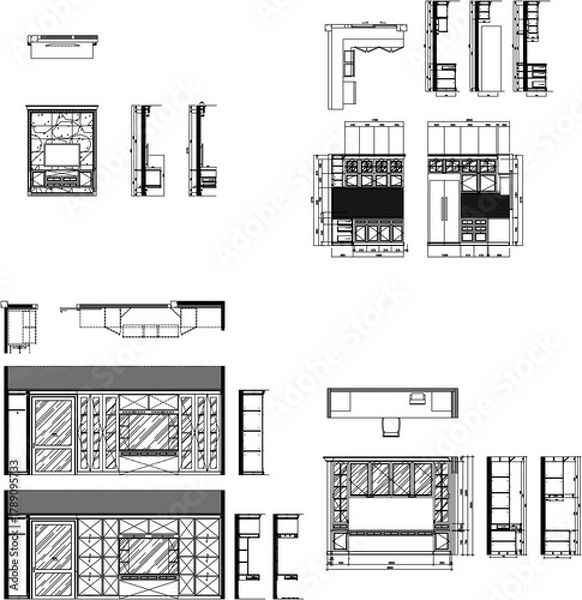Fototapeta Luxury Modern Built-in Furniture Construction Drawings Set — Showcase, Dressing Table, and TV Cabinet with Technical Illustration