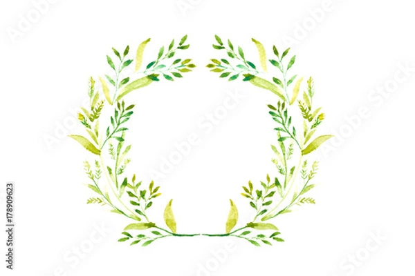 Fototapeta watercolor of green branches and leaves frame, round wreath in circle on white background