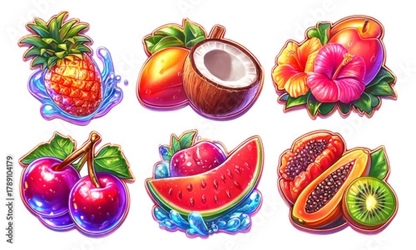 Fototapeta Colorful Tropical Fruits Collection with Beautiful Illustrations on Transparent Background
