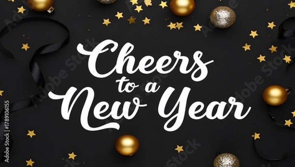 Fototapeta Cheers to a new year text with festive gold ornaments and stars