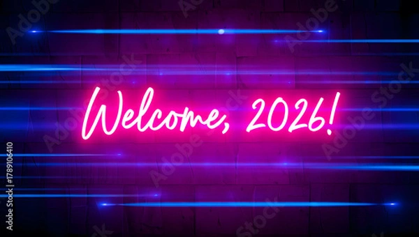 Obraz Welcome 2026! neon sign with glowing blue light streaks effect