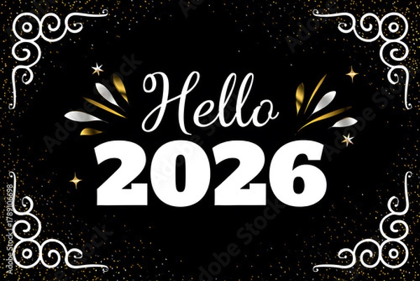 Fototapeta Hello 2026! New Year greeting card design with festive glitter sparks.