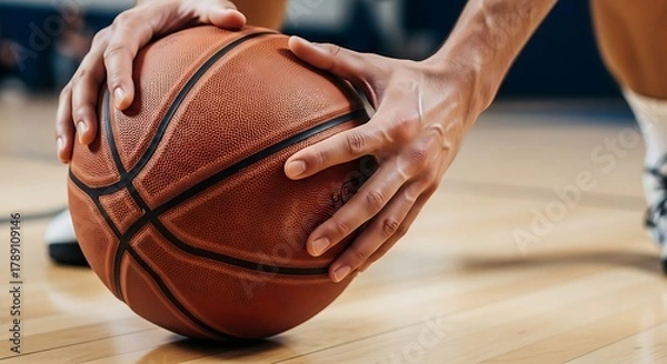 Fototapeta Close up of Basketball Player s Hands Dribbling or Controlling the Ball on Hardwood Court