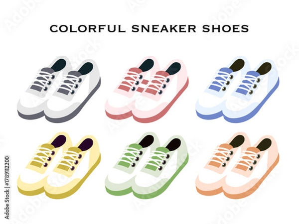 Fototapeta シンプルなスニーカーイラストセット | 6色カラフルなカジュアルシューズベクター