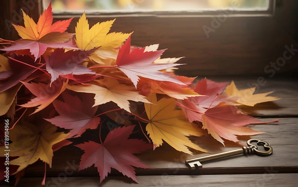 Obraz Discover the essence of autumn's beauty with vibrant maple leaves and an antique key, evoking warmth, nostalgia, and the promise of new beginnings.