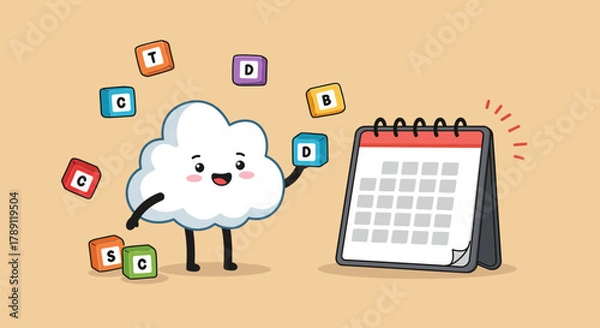 Fototapeta Cloud character scheduling tasks with calendar for planning.