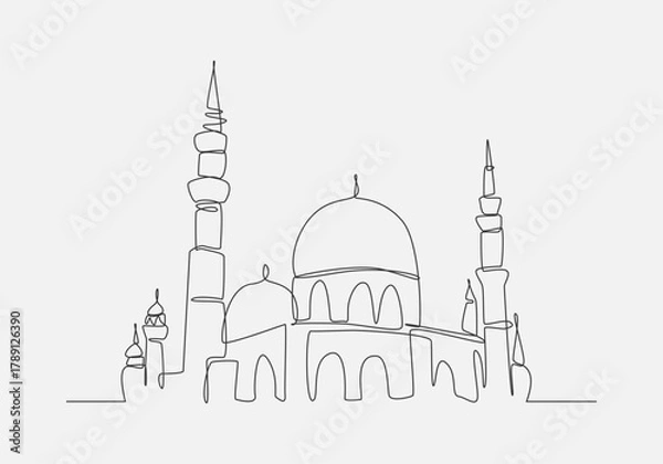 Fototapeta Mosque in continuous one line drawing. Editable line. Vector illustration.