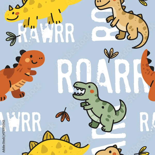 Fototapeta Cute dinosaurs cartoon seamless pattern 
