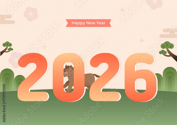 Fototapeta 2026 병오년 새해 달리는 말 일러스트