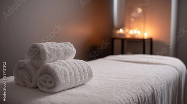 Fototapeta Serene Sanctuary: Rolled white towels rest on a pristine spa bed, inviting tranquility, illuminated by soft candle light, evoking a sense of relaxation and wellness.