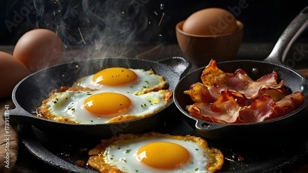 Obraz Fried eggs and crispy bacon in cast iron pans rustic breakfast scene