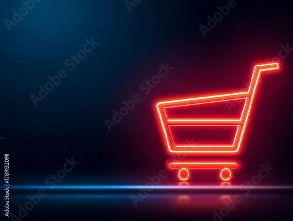 Fototapeta Glowing Cart: A radiant neon shopping cart, gleaming with vibrant red, rests against a captivating, dark backdrop, symbolizing the essence of modern shopping experiences.