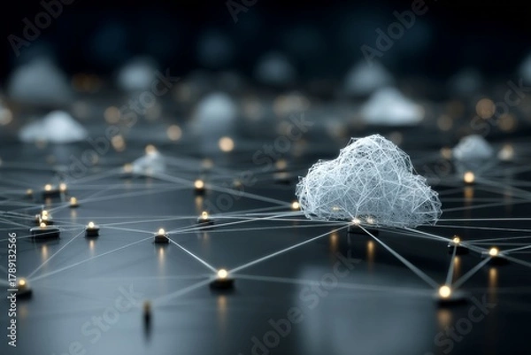 Fototapeta Cloud Network: An evocative image of cloud computing technology, illustrating interconnected data and the digital cloud, captured with photorealistic precision.
