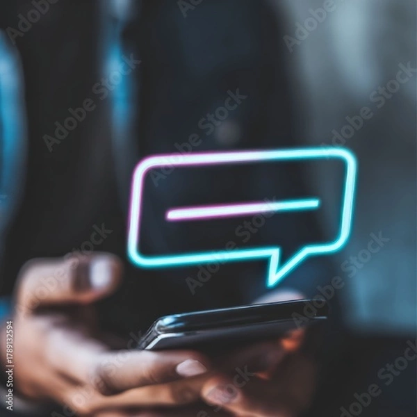 Fototapeta Communication through Technology: A close-up shot of a person's hands delicately holding a modern smartphone, with a vibrant, illuminated message bubble seemingly hovering above it.