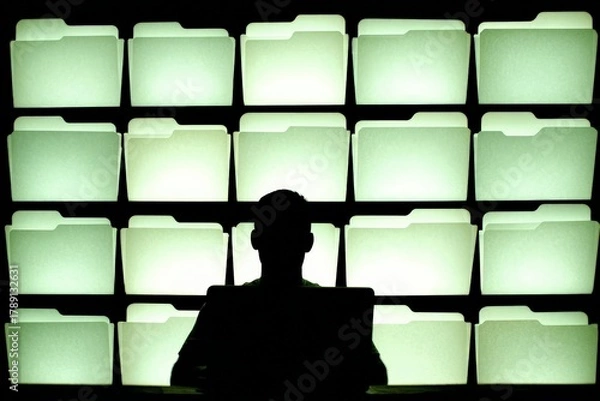 Fototapeta Digital Dossier: A shadowy figure surveys rows of luminous file folders, their glow creating an atmosphere of intrigue and mystery, hinting at hidden information and surveillance.