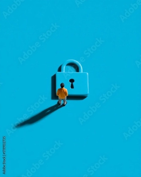 Obraz Security and Privacy: A Miniature Figure Gazes at an oversized padlock, a visual metaphor for digital security and online privacy.