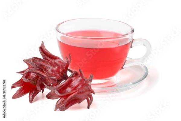 Fototapeta Roselle water in a clear cup with fresh roselle on the side. isolated on white background.