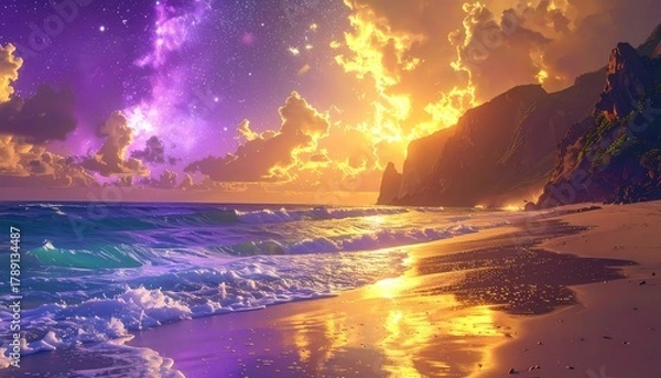 Obraz Vibrant Surreal Beach Sunset with Glowing Clouds and Shimmering Ocean Reflections.