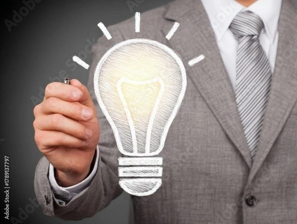 Obraz Idea Generation: An executive, dressed in formal attire, draws a radiant light bulb, symbolizing creativity and the spark of invention, signifying intellectual exploration.