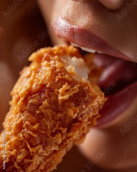 Fototapeta Crispy Delight: A close-up shot of a person indulging in a crispy fried chicken, the perfect moment of culinary satisfaction.